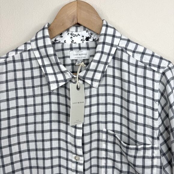 NWT LUCKY BRAND W Sz XL Gray/Creme Plaid Contrast Long Sleeve Button Up Shirt - Picture 4 of 16
